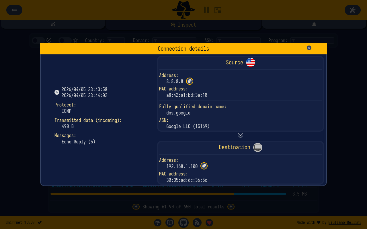 Sniffnet connection details view with per-connection metadata and traffic info