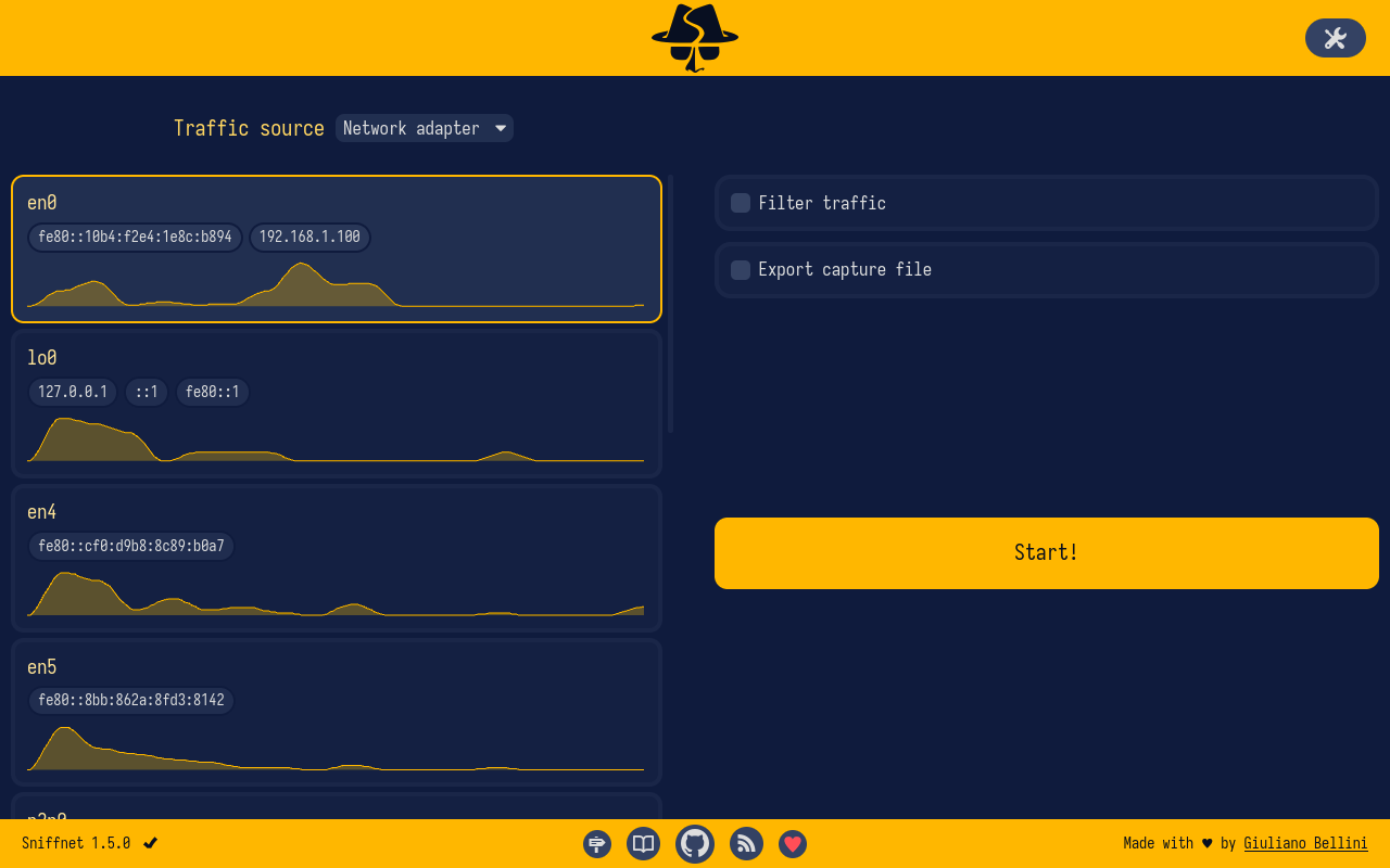 Sniffnet initial setup screen: select a network adapter and filters to start the analysis
