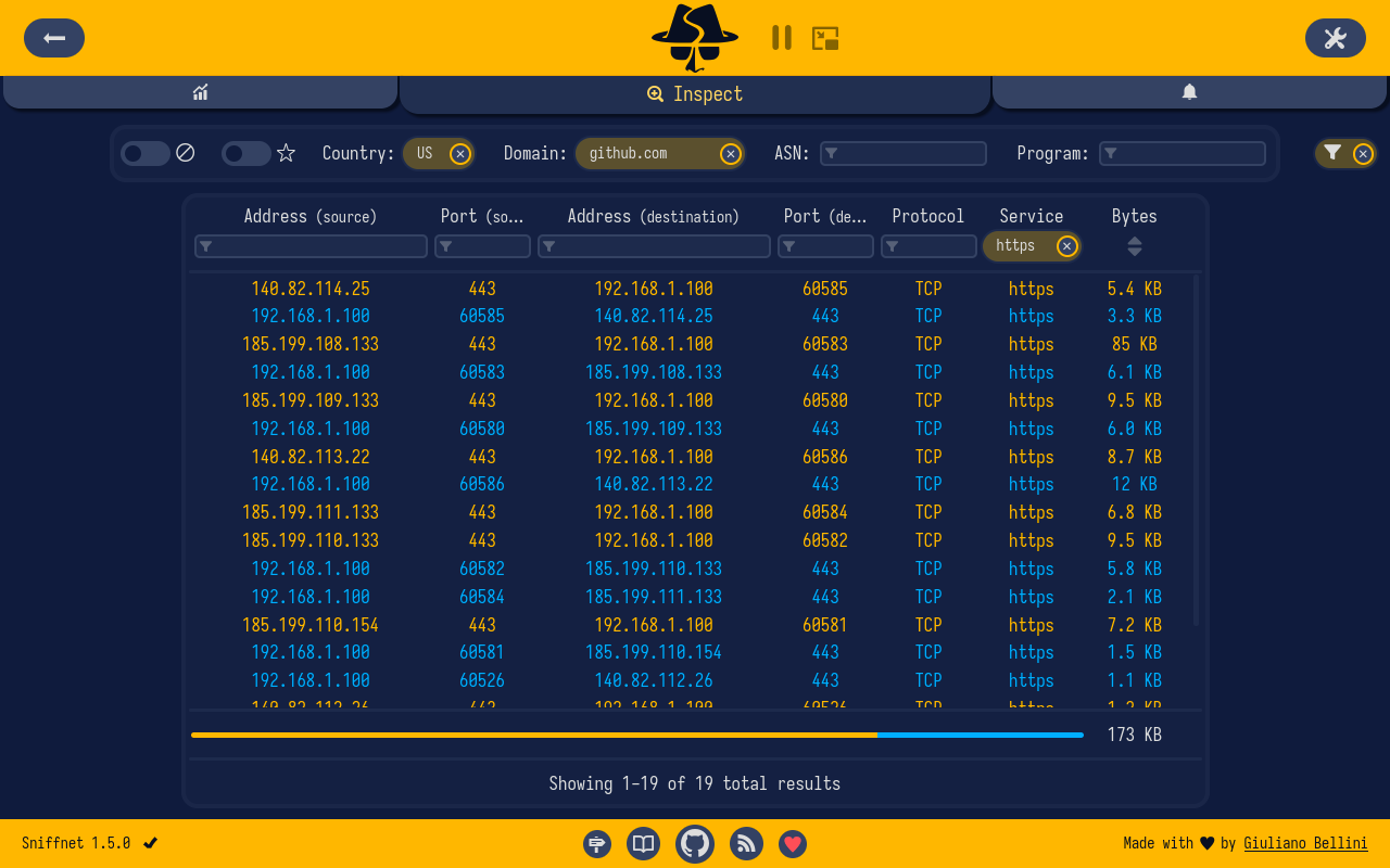Sniffnet inspect page: filterable table of live network connections