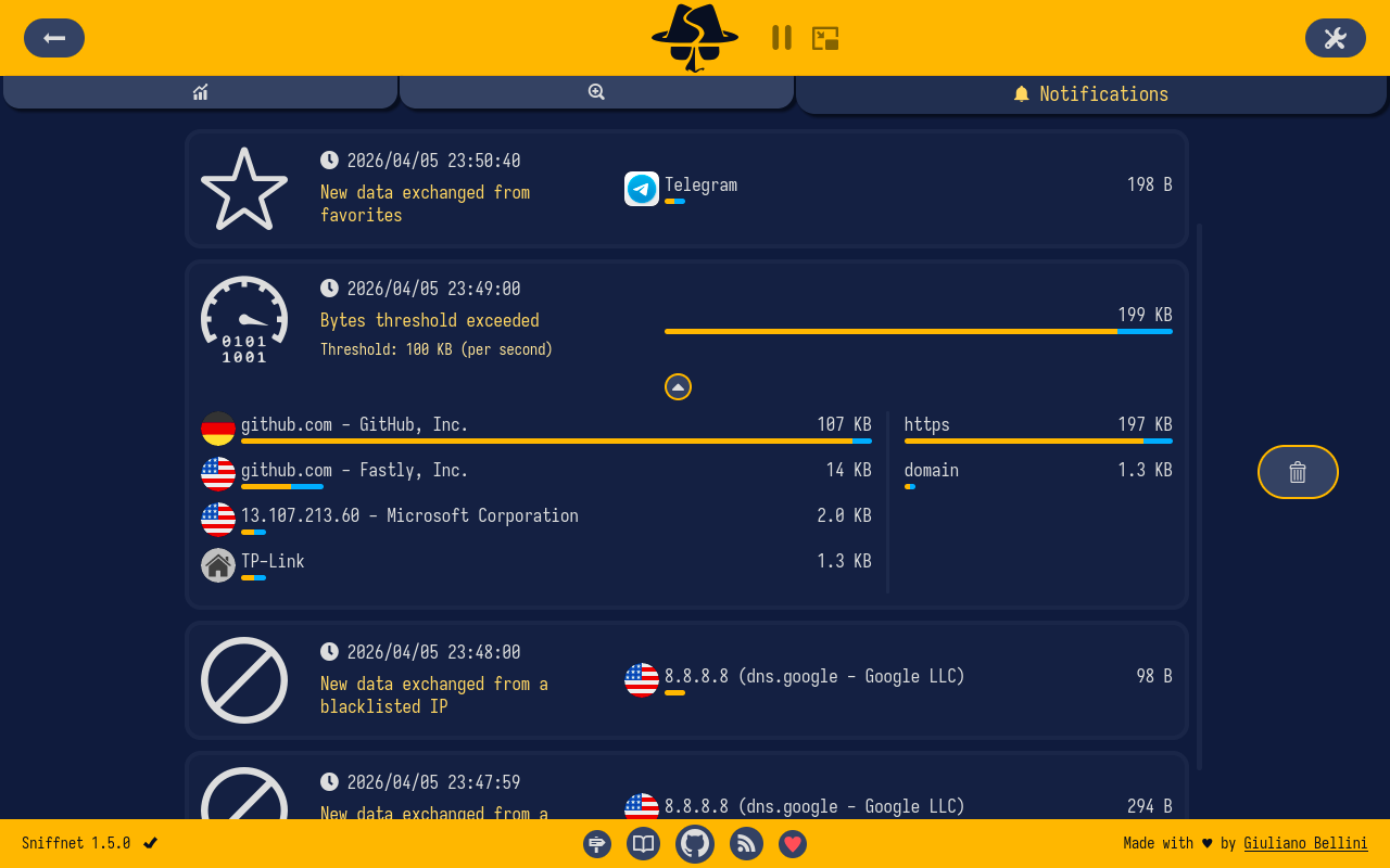 Sniffnet notifications log listing recent network events