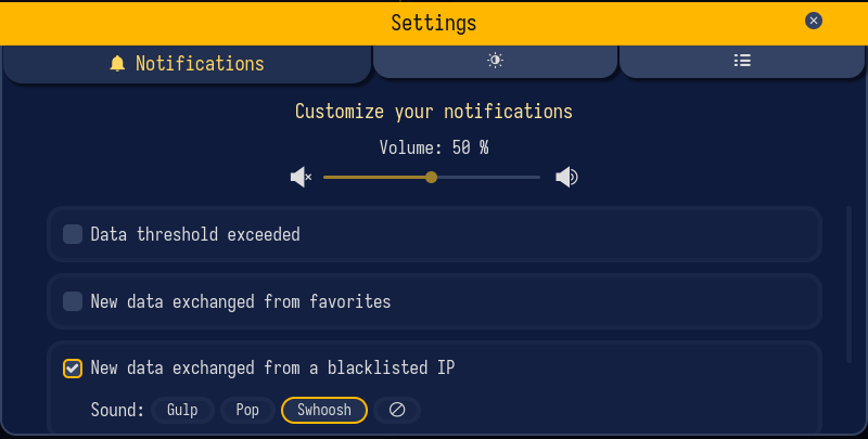 Sniffnet notification settings, including the possibility to set alerts on traffic from a blacklisted IP