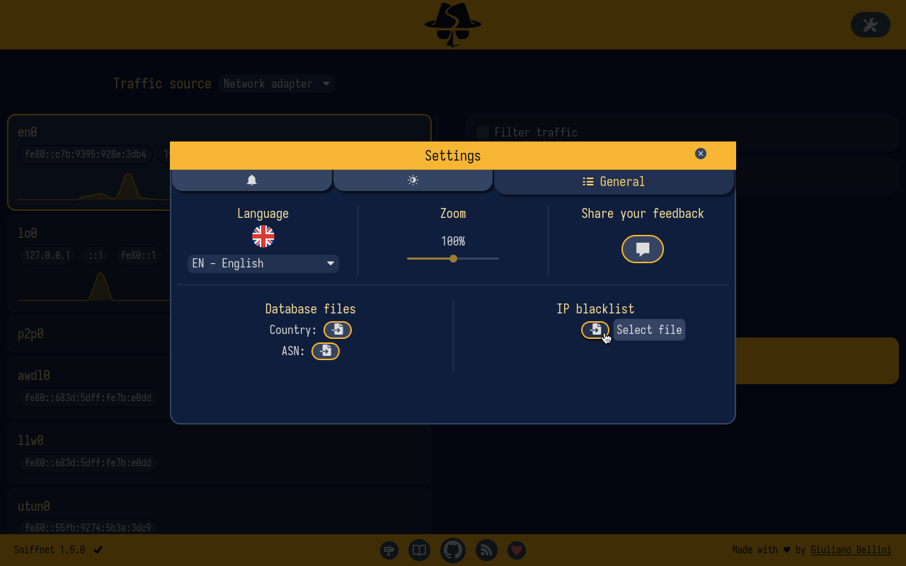 Sniffnet general settings, including the possibility to import a custom IP blacklist