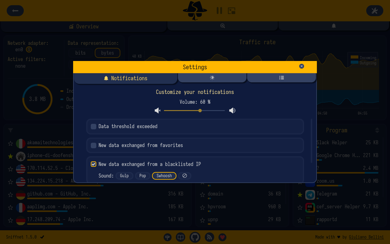 Sniffnet notification settings screen