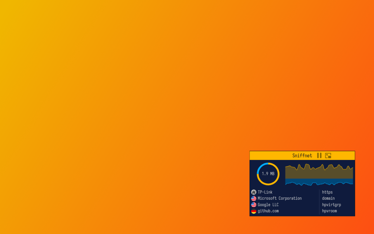 Sniffnet thumbnail mode: a compact floating dashboard showing live traffic