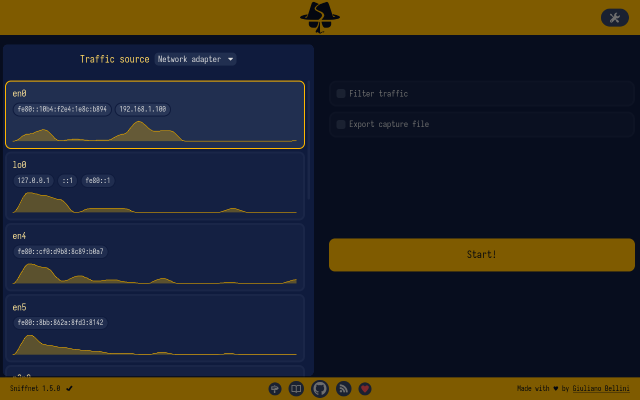Sniffnet data source selector for choosing a network adapter or capture file
