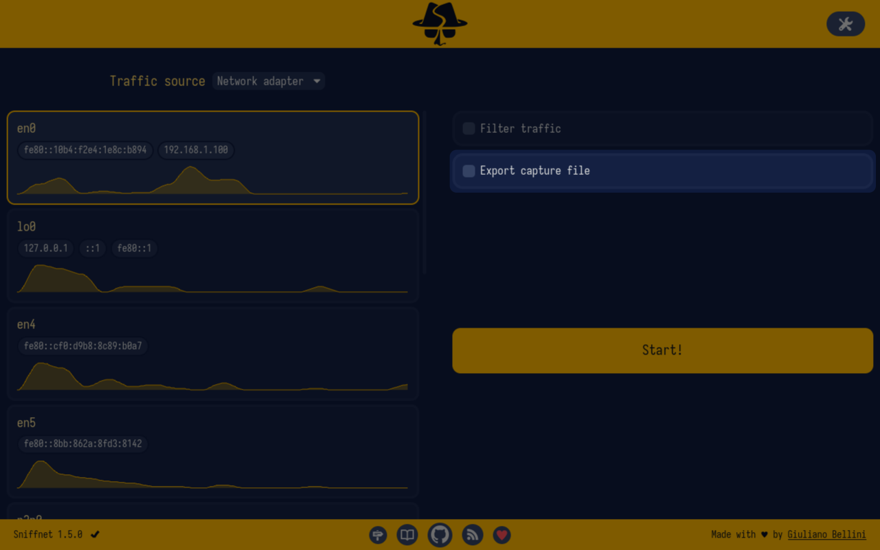 Sniffnet capture setup with PCAP file export controls