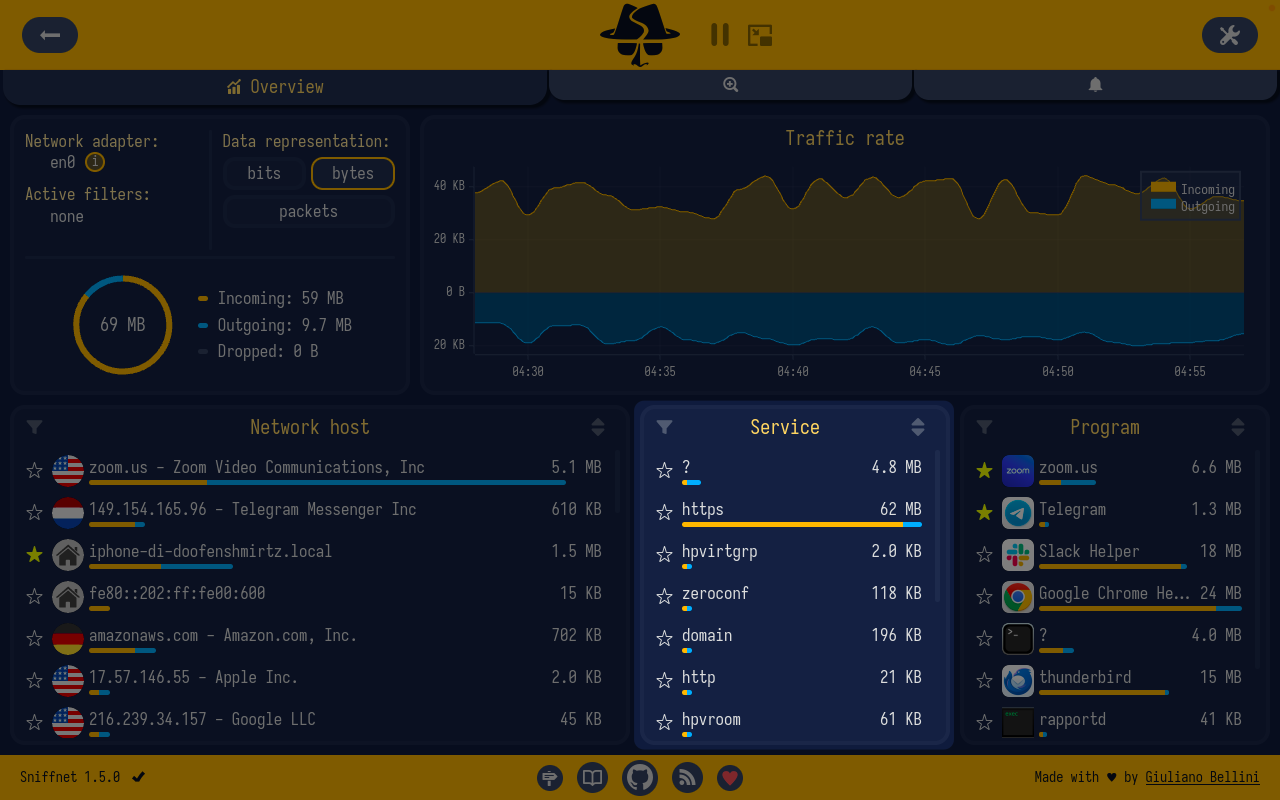 Services panel in Sniffnet's Overview page