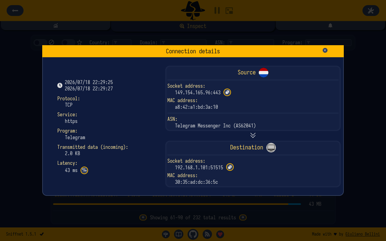 Sniffnet connection details showing host, protocol, traffic, and latency information