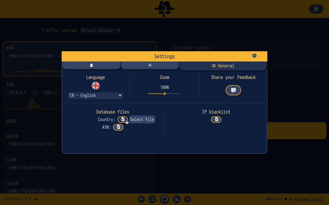 Sniffnet settings for selecting custom IP geolocation and ASN databases