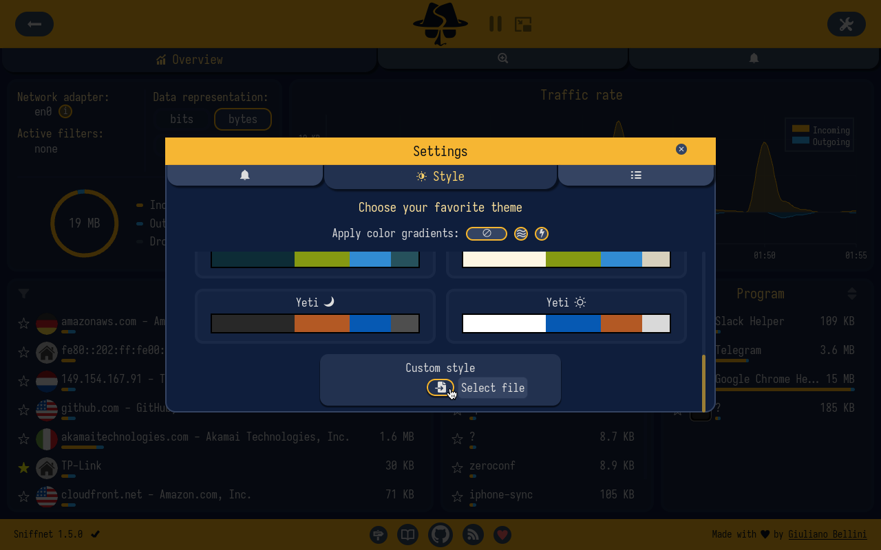 Sniffnet Style settings with the custom theme file selector