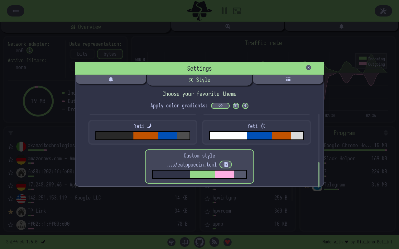 Sniffnet interface using a custom theme
