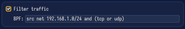 BPF filter allowing TCP or UDP traffic from the 192.168.1.0/24 subnet