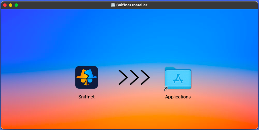 macOS installer window for dragging Sniffnet into the Applications folder